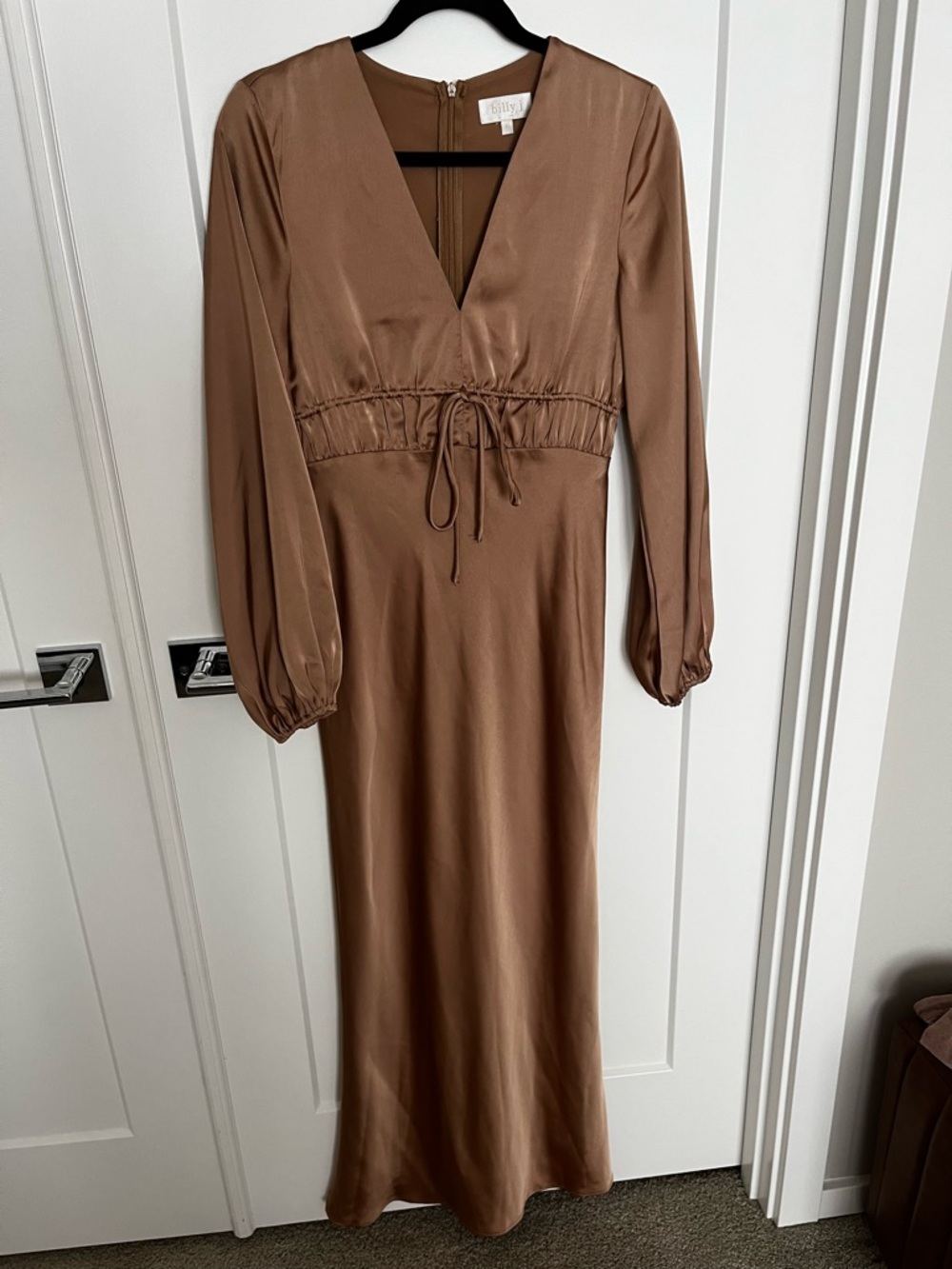 Billy J Long Sleeve V-Neck “latte” Brown Satin Dress with Drawstring Waist